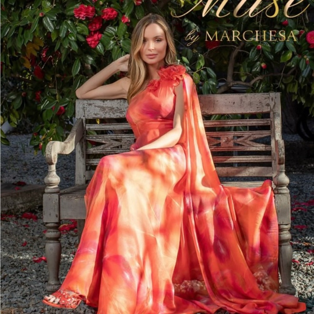 Marchesa One Shoulder Orange Floral Gown